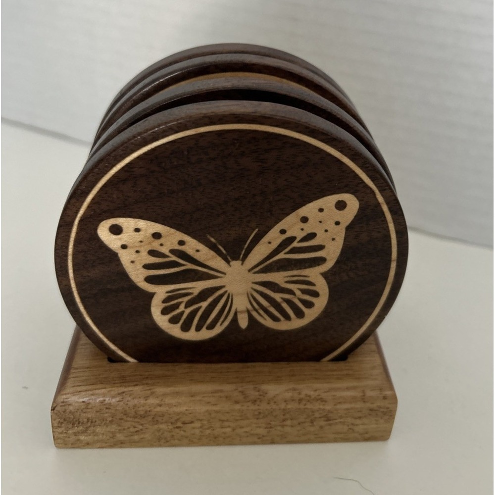 Set of 4 Wooden Coasters wi Holder Butterfly design - Coffee Table Coasters